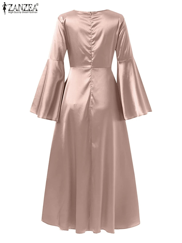 Elegantes langes Satin-Kleid mit Flare-Ärmeln für Frühling und Sommer