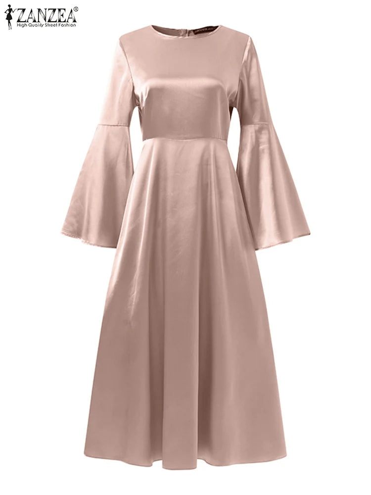 Elegantes langes Satin-Kleid mit Flare-Ärmeln für Frühling und Sommer