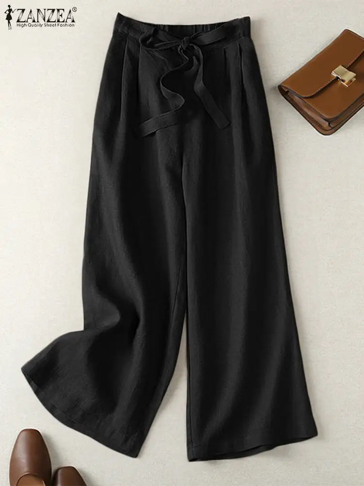 ZANZEA 2024 Summer Trousers Women Spring Wide Leg Pants High Waist Wide Leg Pantalon Casual Solid OL Work Palazzo Baggy Capris