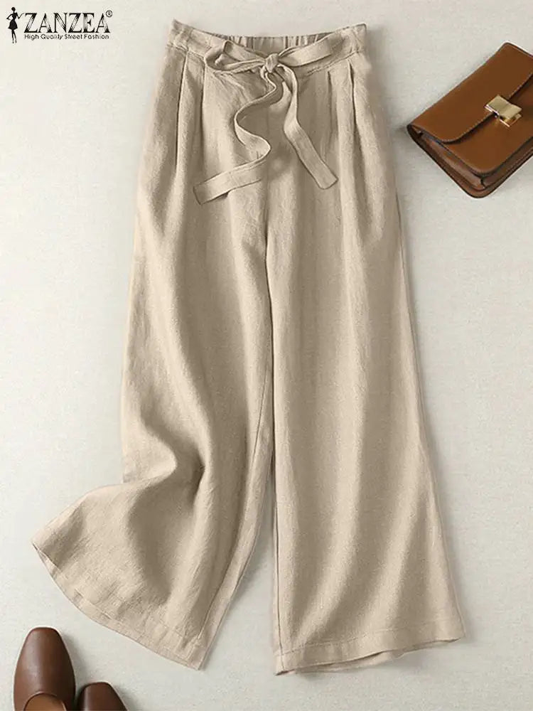 ZANZEA 2024 Summer Trousers Women Spring Wide Leg Pants High Waist Wide Leg Pantalon Casual Solid OL Work Palazzo Baggy Capris